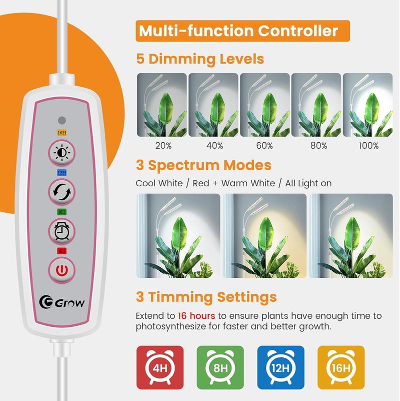 Kullsinss Grow Lights for Indoor Plants with Stand, 2-Heads Full Specturm Plant Grow Light with 4/8/12/16H Timer, 3 Color Modes, 360° Flexible Gooseneck, 24-68.7in Hight Adjustable Plant Growing Lamp - Image 5
